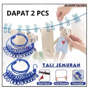 2Pc Tali Jemuran Elastis 12 Klip Jepitan Gantungan Baju Kaos Kaki Pakaian Dalam Portable Retractable Clothesline With Clips Laundry Rope 12 Jepit Besi fleksibel kuat dan mudah dibawa