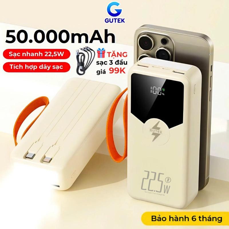 [Tặng sạc 3 đầu] Pin Sạc dự phòng 50000mAh sạc nhanh 22,5W có dây cắm nhiều điện thoại - Gutek GT240