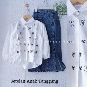 Setelan Anak Perempuan Tanggung Blouse Pita dan KC Belah 8-11 Tahun Fashion Jeans Bahan Pololinen & Jeans Wash Kancing Aktif Nyaman untuk Anak Usia 8-11 Tahun