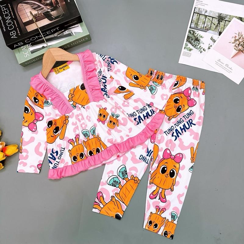 (10-48kg) Bộ dài tay mặc ngủ quần dài thun gân tăm lạnh in 3D cho bé gái 10kg tới 48kg, bé mặc mùa hè thoải mái, mát, thấm hút mồ hôi tốt Cotton Vải Cotton