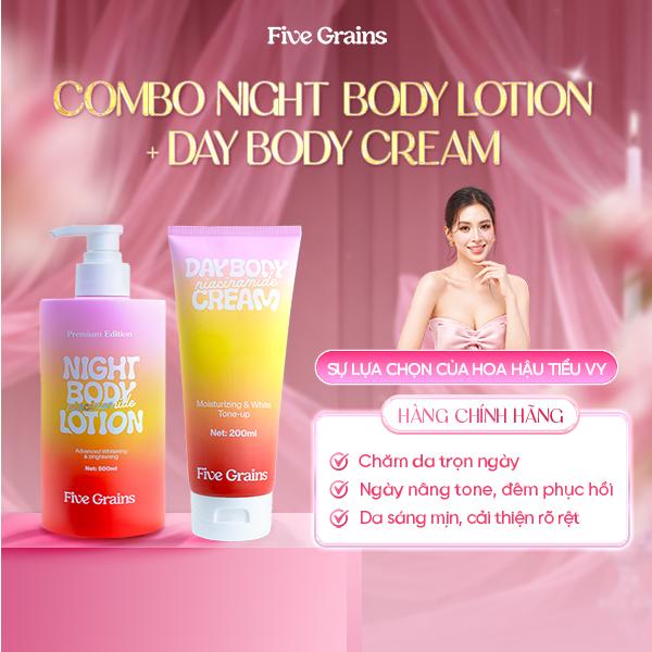Combo 2 Món Dưỡng Body Ngày Đêm Five Grains Kem Ngày 200ml và Kem Đêm 500ml Giúp Nâng Tone Dưỡng Ẩm Niacinamide Alpha Arbutin - A08