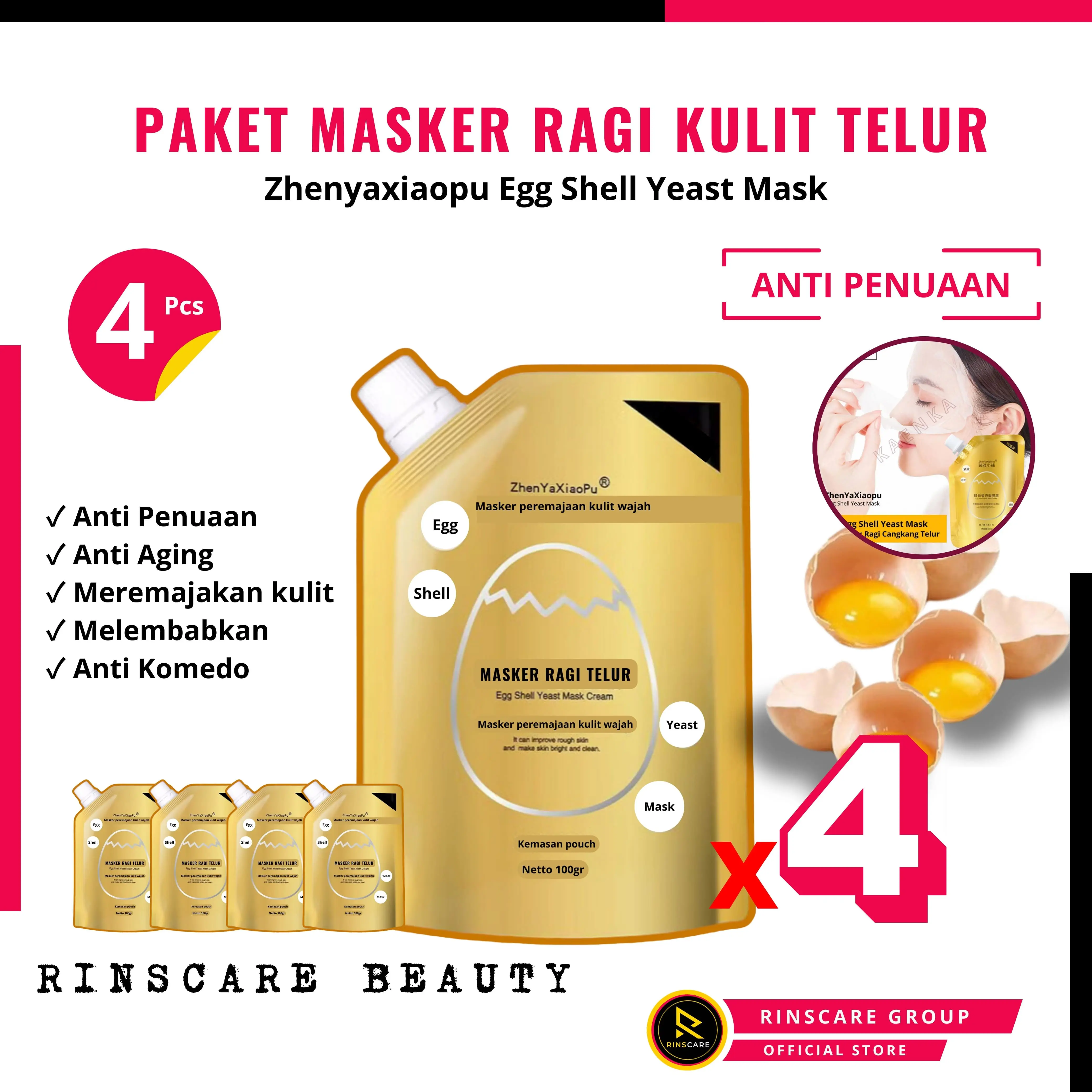 [PAKET 4 PCS MASKER ZHENYAXIAOPU EGG SHELL] Dapat 4 Pcs Masker ZhenyaXiaopu Egg Shell Yeast Mask Cream Masker Peremajaan Kulit 100gr Anti Aging