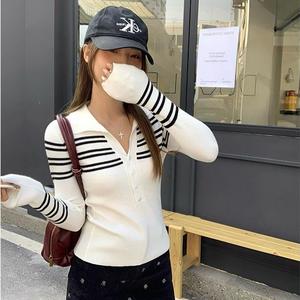 Women's & Striped Polo Neck Knit Sweater, Fall Winter Slim Fit Soft Fashion V-Neck Top, Casual Stylish Pullover Knitwear Womenswear Longsleeve Vneck