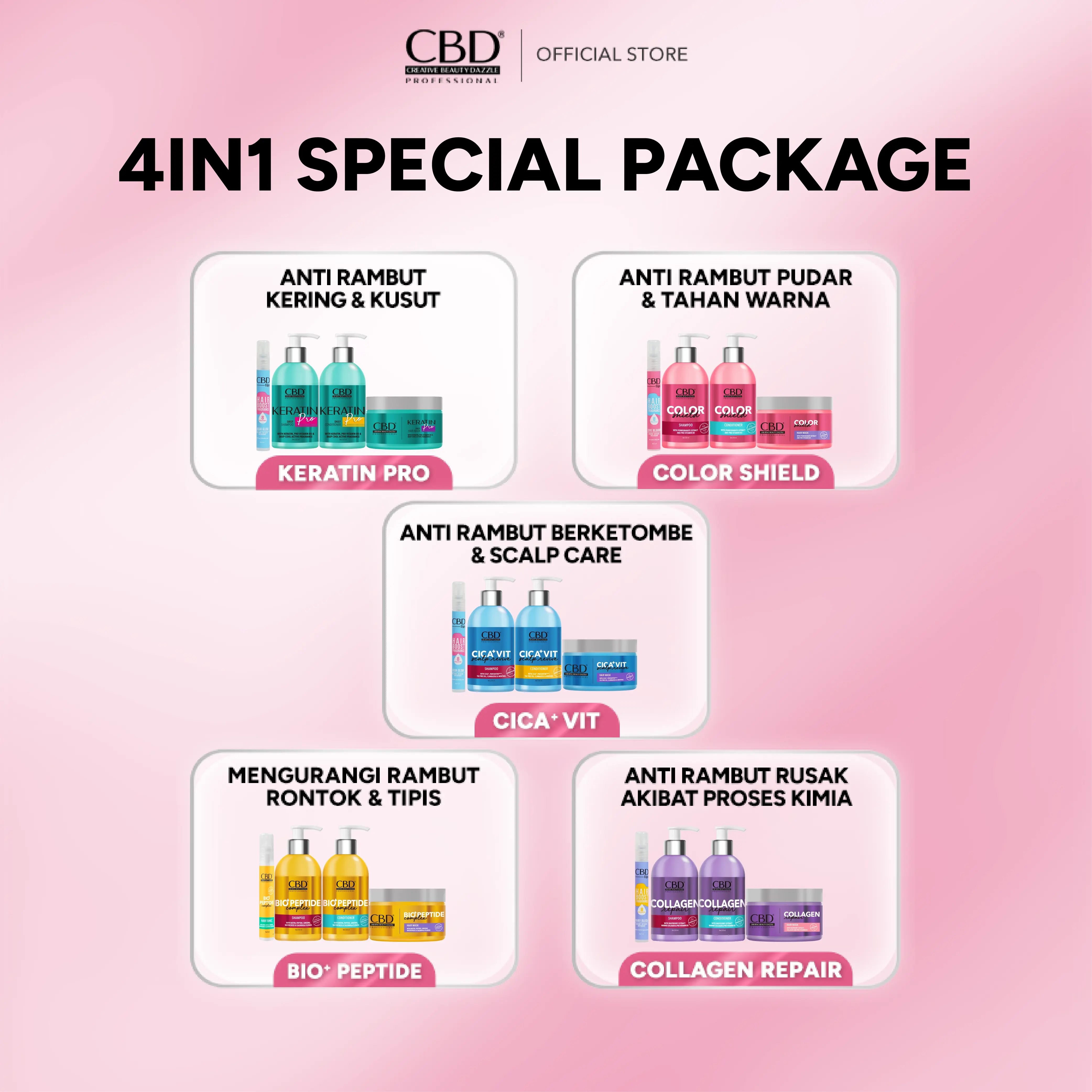 [TOP SELLING] [4IN1] CBD Keratin Pro/Color Shield/Collagen Repair/Bio+ Peptide/Cica+ Vit Shampoo + Conditioner + Hair Mask 250gr + CBD Figo Hair Spray 8ml - Haircare Creambath Perawatan Rambut Kering Kusam Rontok Membersihkan Melembutkan Vitamin Wangi