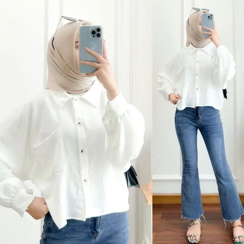 ￼Atasan Blouse Wanita Crop Beatwing Lengan Panjang Kerah Kemeja AirFlow atasan kemeja wanita 0