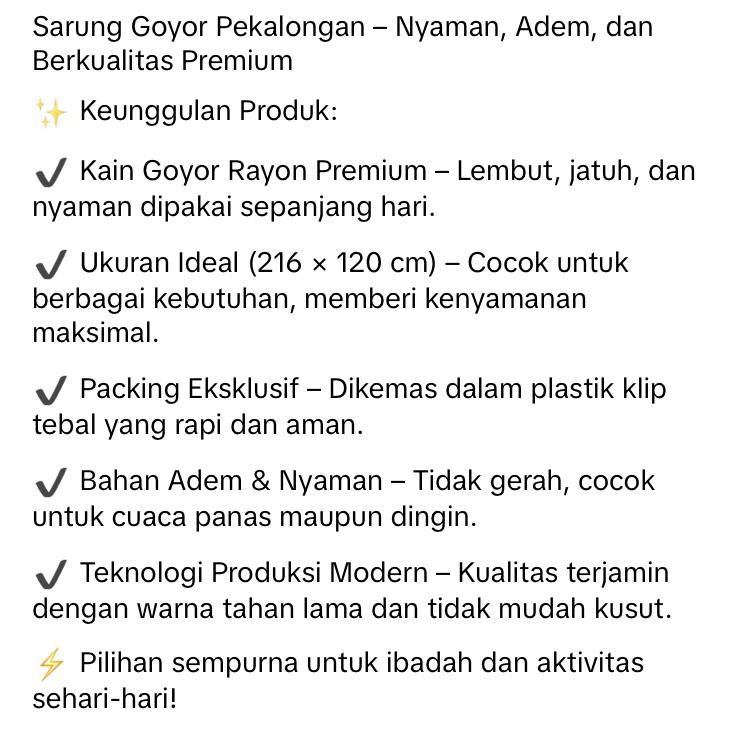 Product Introduction of SARUNG GOYOR MOTIF ARUNIKA PEKALONGAN PRIA DEWASA MUSLIM RAYON PREMIUM Santri 0