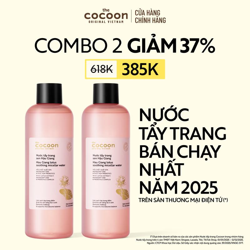 COMBO 2 chai Bigsize Nước Tẩy Trang Sen Hậu Giang sạch bụi siêu mịn PM1.0, có prebiotics dịu êm cho da rất nhạy cảm Cocoon 500ml