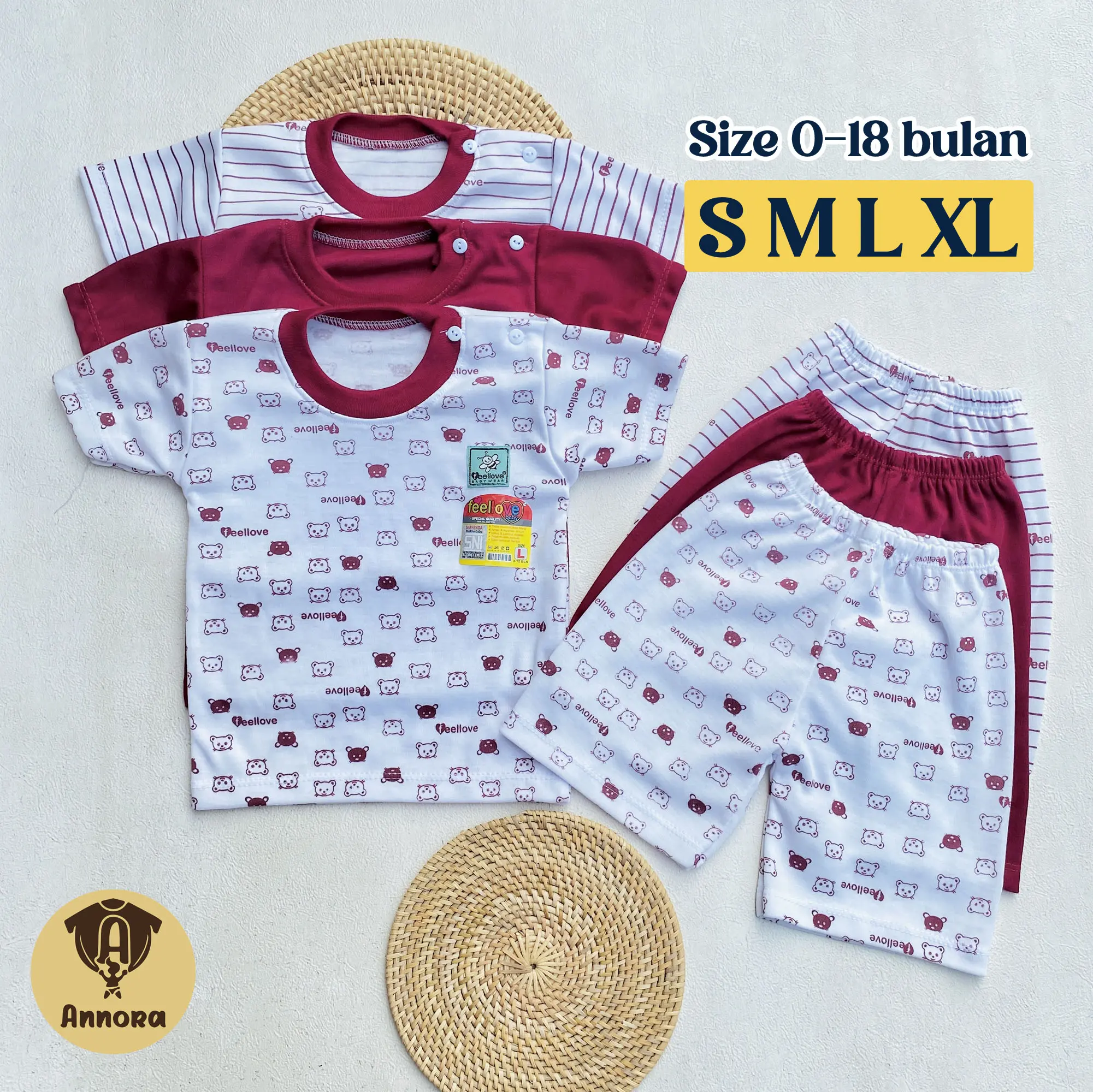 Annora Baby - 3 Setelan Baju Bayi 3-18 Bulan S M L XL Piyama Bayi Lengan Pendek Seri Seri Marun Bear