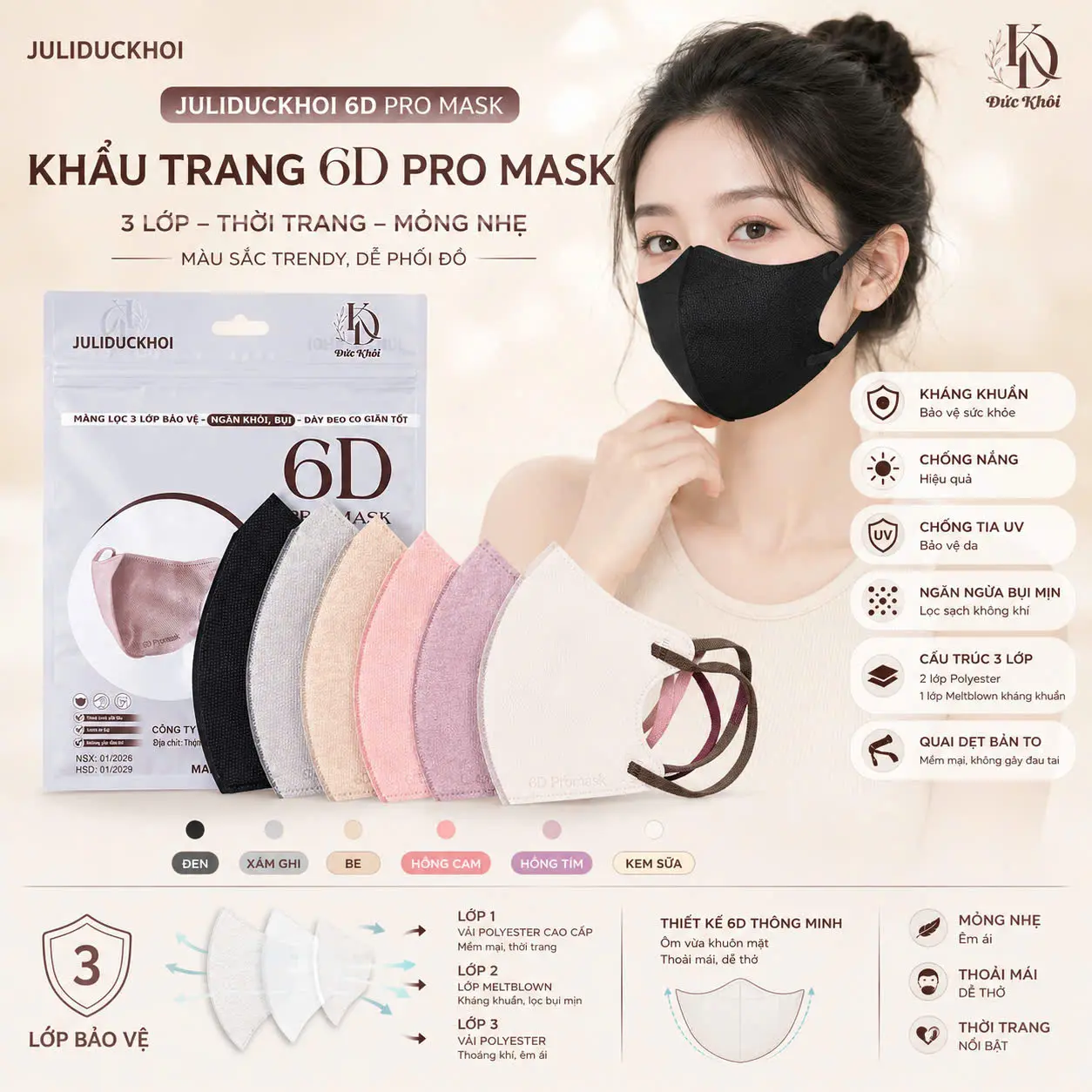 [ Mua 200 chiếc -Tặng 20 chiếc] Combo 100 – 200 chiếc khẩu trang 6D JULIDUCKHOI Pro Mask 3 lớp Thời Trang mỏng nhẹ
