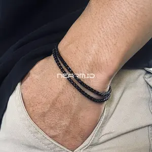 Gelang Titanium Pria Wanita Dua Layer Rantai Anti karat Anti Pudar Korean Style Bracelets Kulit Hitam