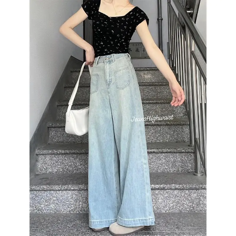 JEANSHIGHWAIST- Celana kulot jeans highwaist retro wanita dua waist kantong depan jins Panjang Cewek dua Denim A-line pants skena premium import baggy outfits fading gombrong straight remaja xl biru vintage lulu chic wide leg ootd cute Casual yoyo Loose 4