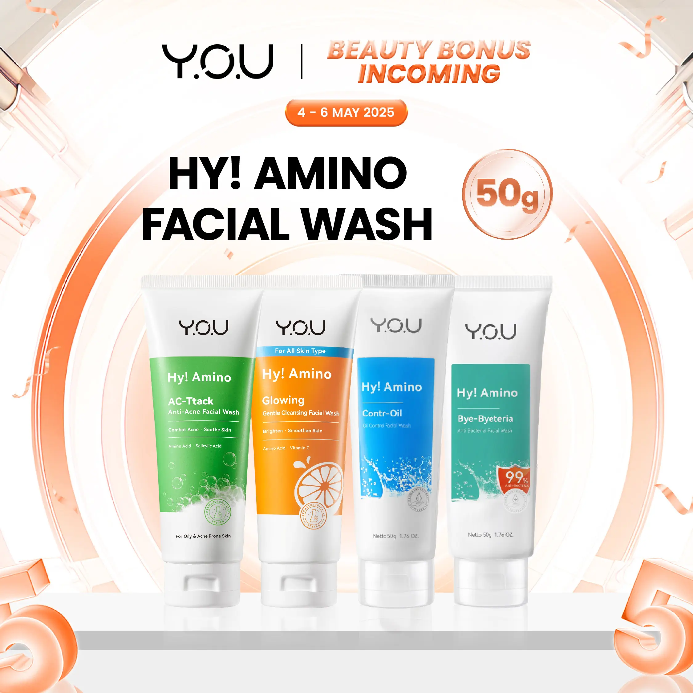 [Travel Size 50g] YOU Hy! Amino Facial Wash Sabun Cuci Muka Acne Pembersih Wajah Mengurangi Bekas Jerawat Ac-Ttack Anti-Acne, Glo-Win Brightening, Oil-Control, Hydrating, Bye-byeteria