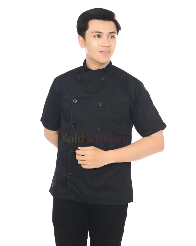 Baju Koki Chef Jacket Seragam Kerja Pria Wanita Lengan Panjang Pendek Model Mandarin Bahan Drill Merk Gold Kitchen Hitam Safety Bordir 2