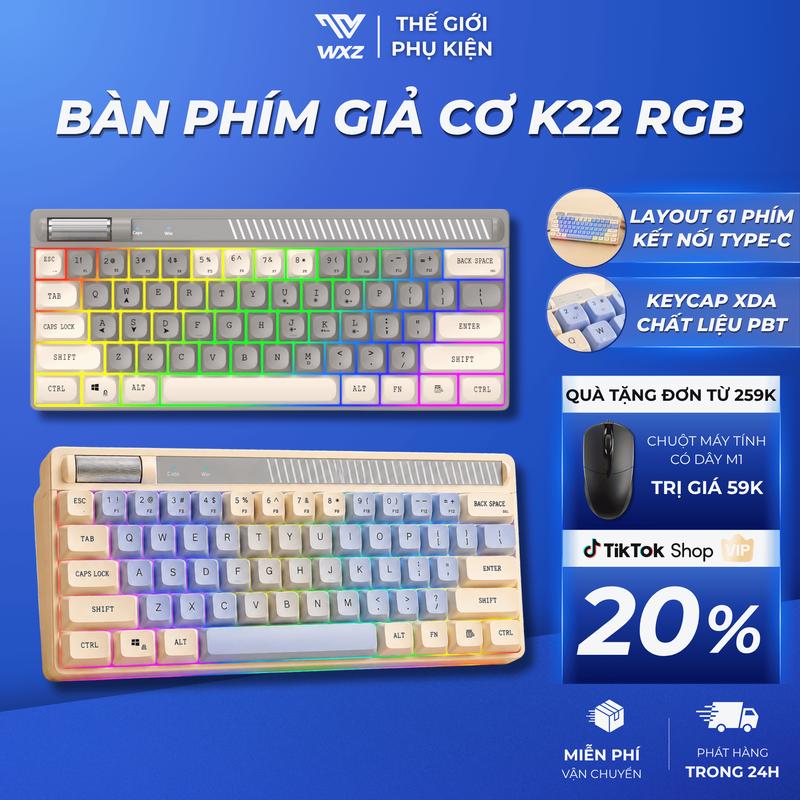 Bàn Phím Giả Cơ K22 61 Phím LED RGB 7 Màu, Gõ Êm, Nhỏ Gọn, Kết Nối Dây Type-C Cho PC Laptop Dùng Chơi Game, Làm Việc Văn Phòng
