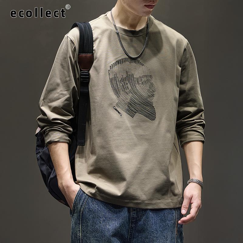 Áo thun dài tay nam ECOLLECT LT03 phom rộng cotton 300g dày dặn, thêu nổi trước ngực, áo phông tay dài thời trang thu đông
