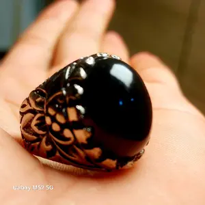 Cincin Badar Besi hitam Serat Natural Nempel Magnet Ring Alpaka Super Batu Elegan Garansi Asli Dimensi 20mm Anti Karat Size 5-12