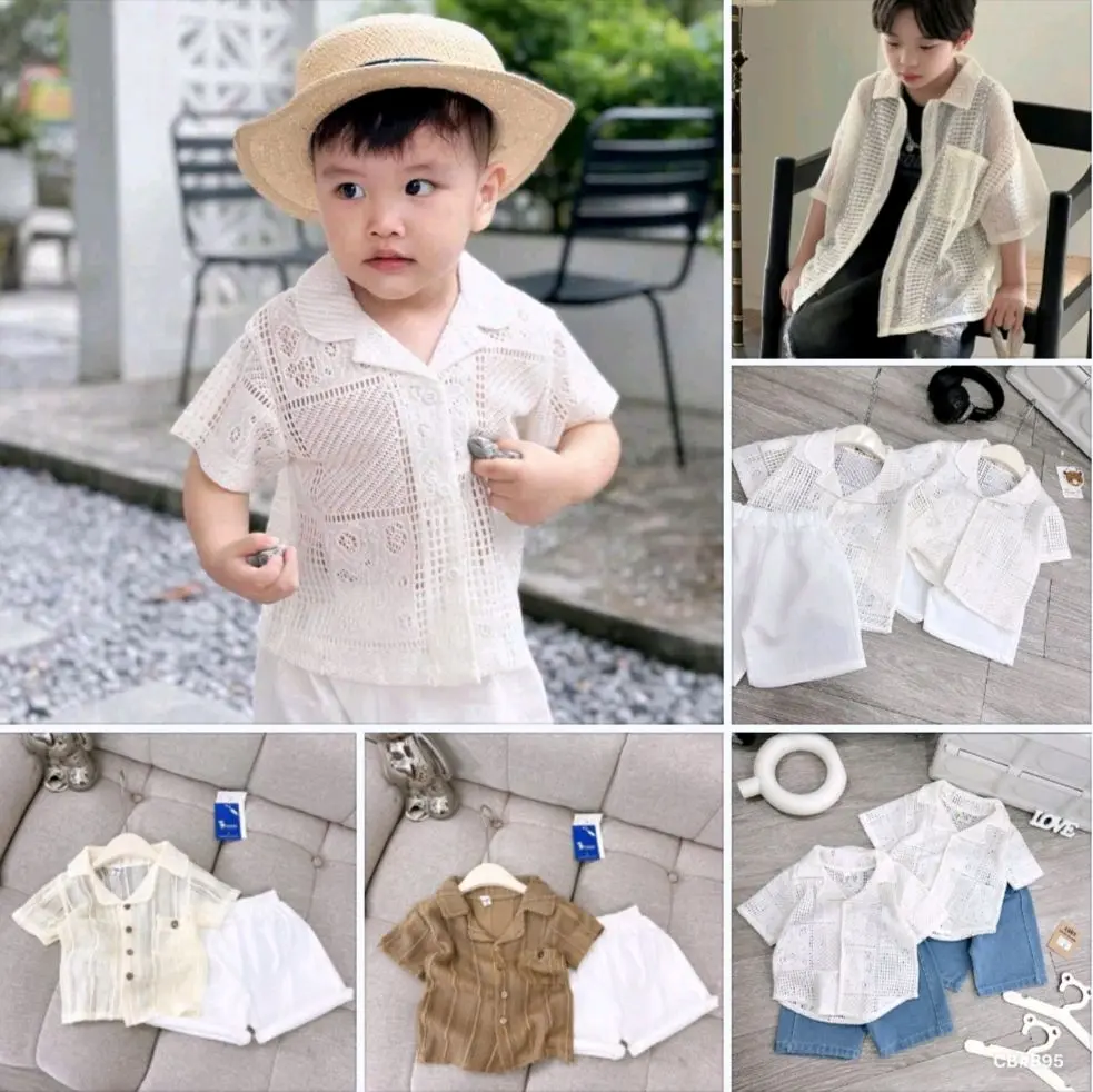 Bộ cộc Áo Chất Tăm Lạnh Quần Đũi Màu Trắng Cho Bé Trai Từ 10-25kg