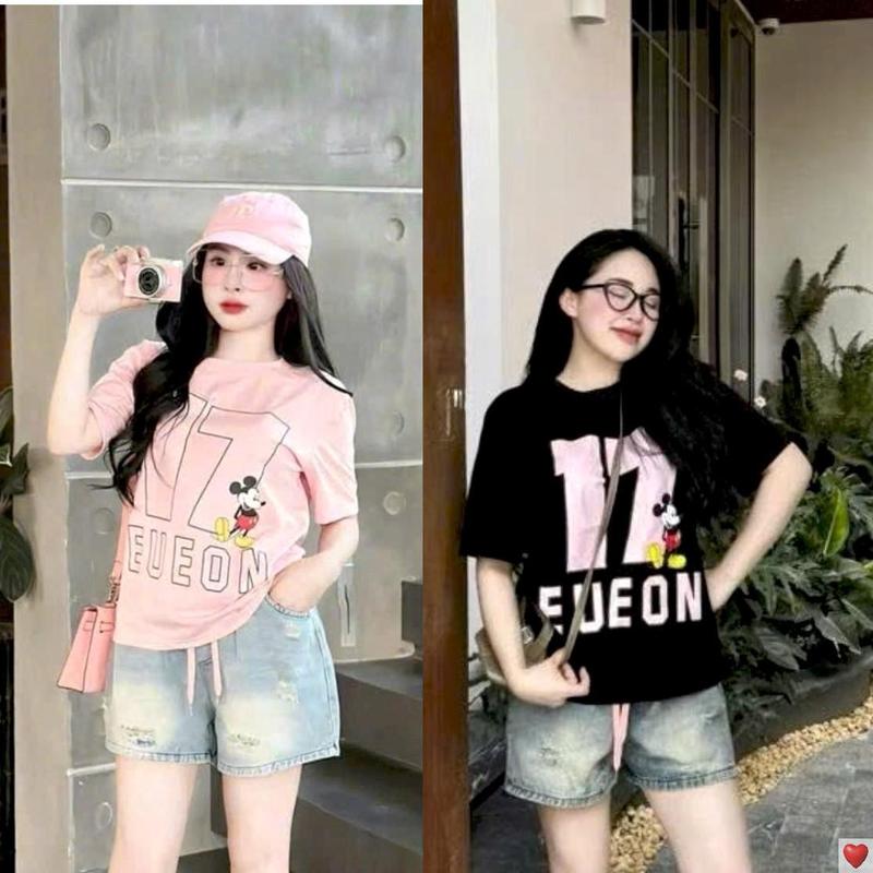 [MinMinKid2] (21-40kg) Set áo thun cotton in hoạ tiết chuột hoạt hình phối quần sọc jean rách năng động cho bé gái