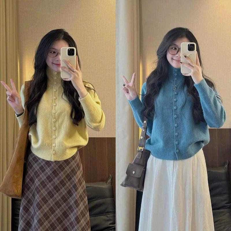   ẢNH OLDSCHOOL  Áo len tay dài nữ cúc bọc cổ cao dáng ôm basic SAM SWEATER 