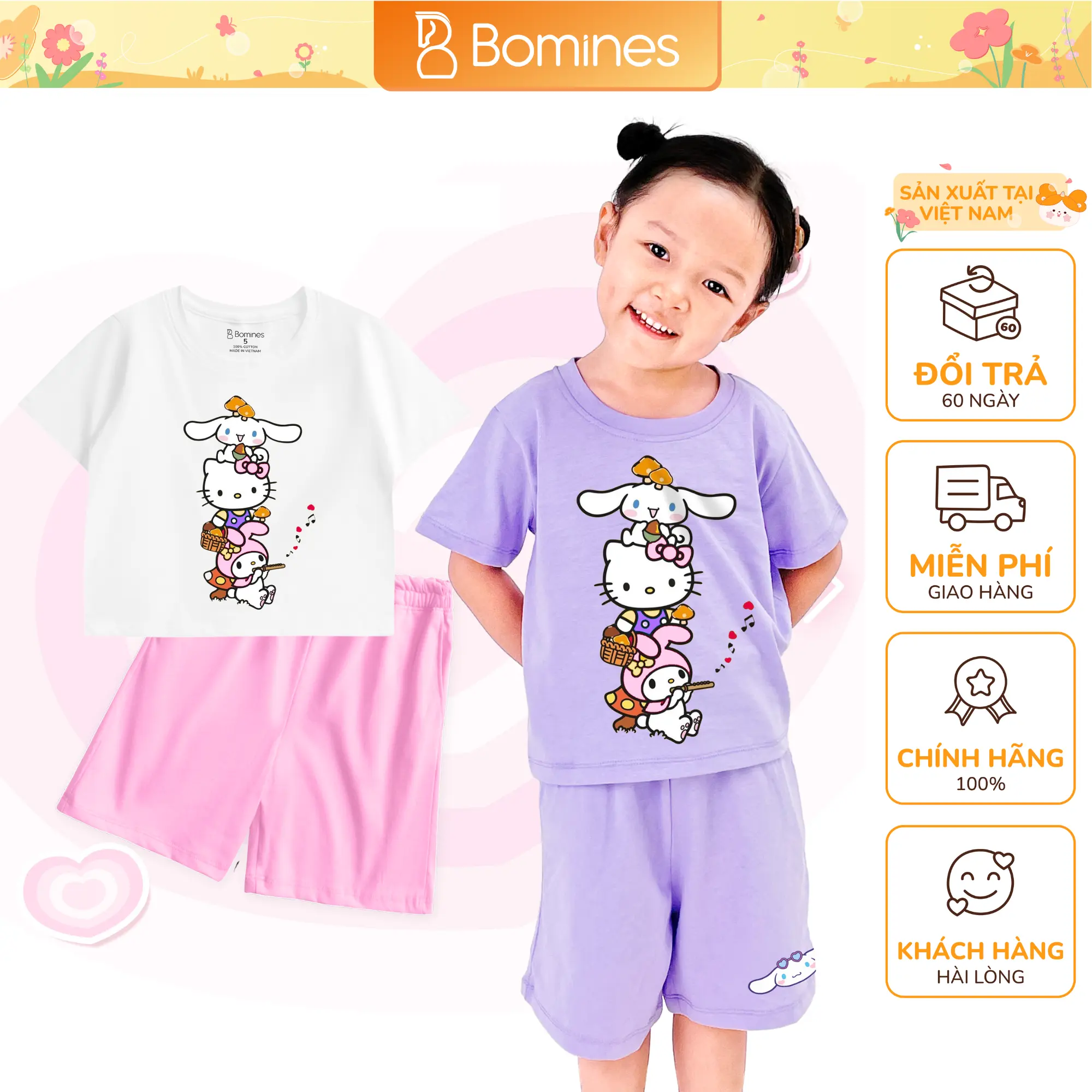 Đồ bộ short Sanrio Bomines thun cotton 2 chiều, set bộ quần áo hoạt hình dễ thương DBS2CSANRIONAM