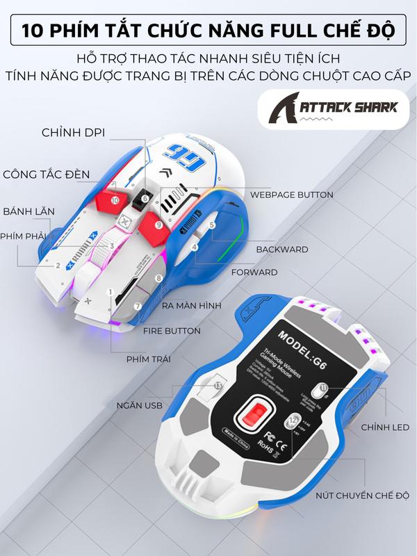 Chuột Gaming Không Dây Attack Shark G6  3 Chế Độ Kết Nối, App Tùy Chỉnh Gaming, DPI 4000, 13 Chế Độ Đèn RGB 8
