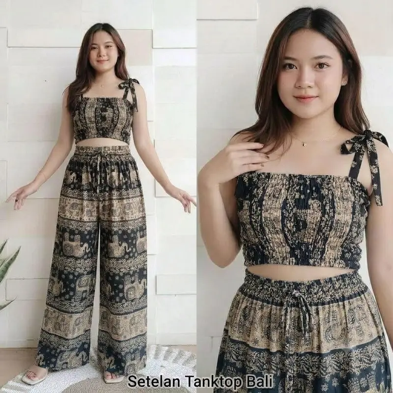 One Set Tanktop & Celana Kulot Panjang Motif Gajah Thailand Rayon Adem variasi 3
