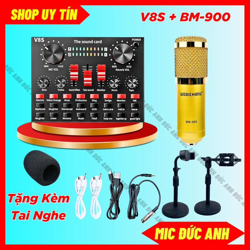 Bộ Mic Thu Âm BM900 Sound Card V8S Bluetooth Pin Sạc Autotune Có Chân Mic Để Bàn và Kẹp Điện Thoại Tặng Kem Tai Nghe