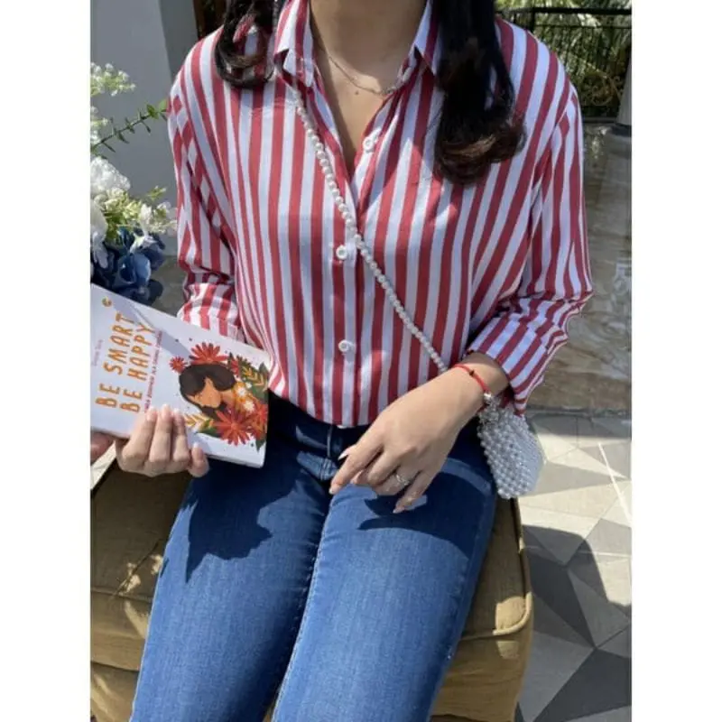 Kemeja Wanita Salur Stripe Polyrayon Size M-L-XL-XXL Atasan Kemeja Lengan Panjang 3