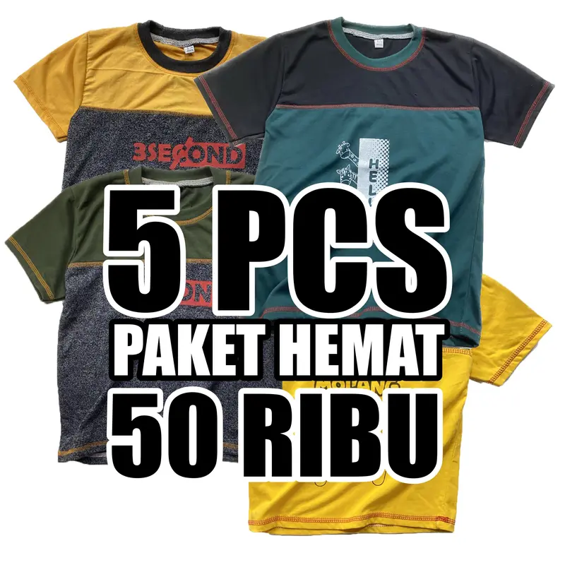 Paket 5 Pcs Kaos Baju Harian Anak Murah Laki Laki Perempuan Cowok Cewek Katun Kombinasi Umur 1 - 12 Tahun 0