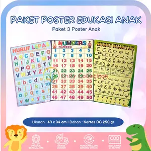 Paket 3 Poster Edukasi Anak Belajar Abjad Huruf, Hijaiyah dan Angka Karton Sekolah Stationery