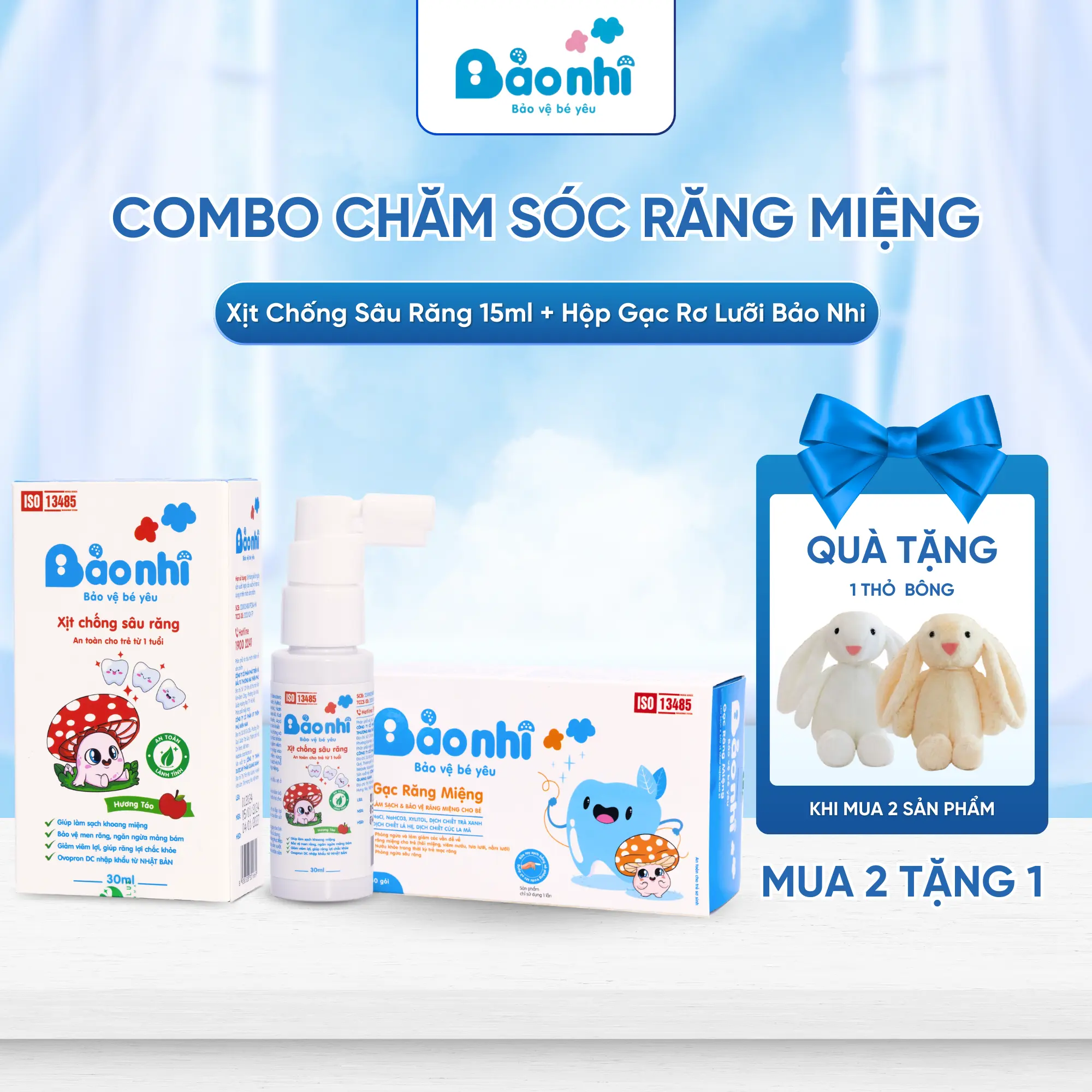 Combo Chăm Sóc Răng Miệng Cho Bé Xịt Chống Sâu Răng 15ml + Hộp Gạc Rơ Lưỡi Bảo Nhi Tặng Kèm Thỏ Bông