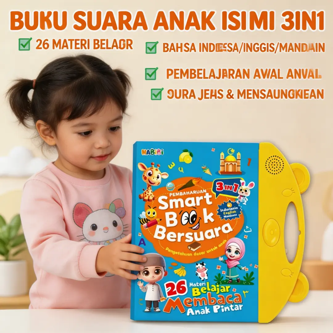 Buku Alternatif Gadget Elektronik Bersuara Smart Audio 3 Bahasa: Indonesia, Inggris, Mandarin. Mainan Edukasi Belajar Membaca, Stimulasi Otak, Jauh Dari Layar Hp. Untuk Paud, Tk, 3-6 Tahun. 26 Materi: Abjad, Angka, Hewan Liar, Warna Ceria, Buah Tropis