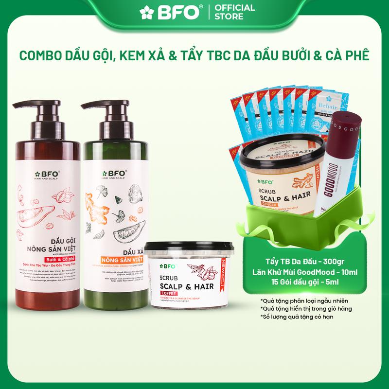 Combo Dầu Gội & Dầu Xả 500ml & Tẩy Tế Bào Chết Da Đầu 300g Chiết Xuất Nông Sản Việt Gừng, Bưởi, Chanh 500ml | Làm Sạch, Nuôi Dưỡng Da Đầu, Tự Hào Hàng Việt
