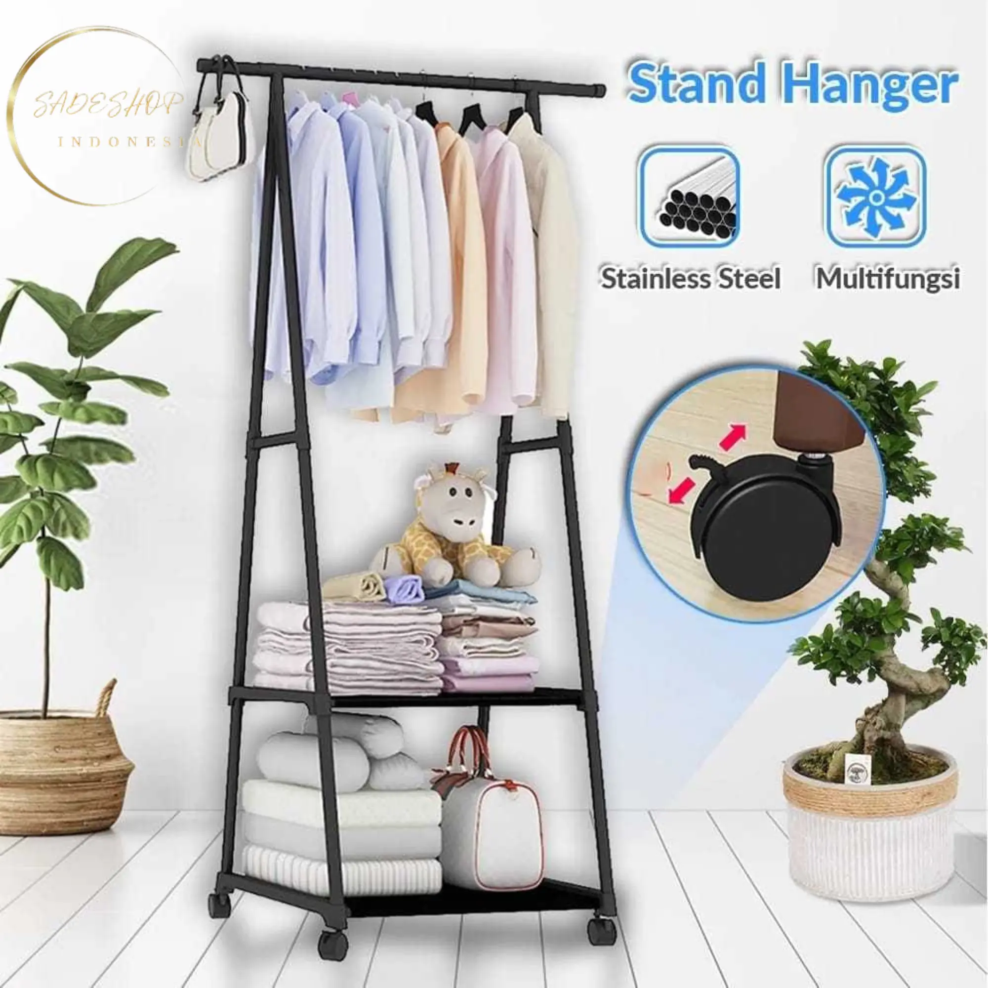 SADESHOP- TRIANGLESTAND HANGER GANTUNGAN PAKAIAN TIANG BERDIRI DENGAN 4 RODA RAKSERBAGUNA