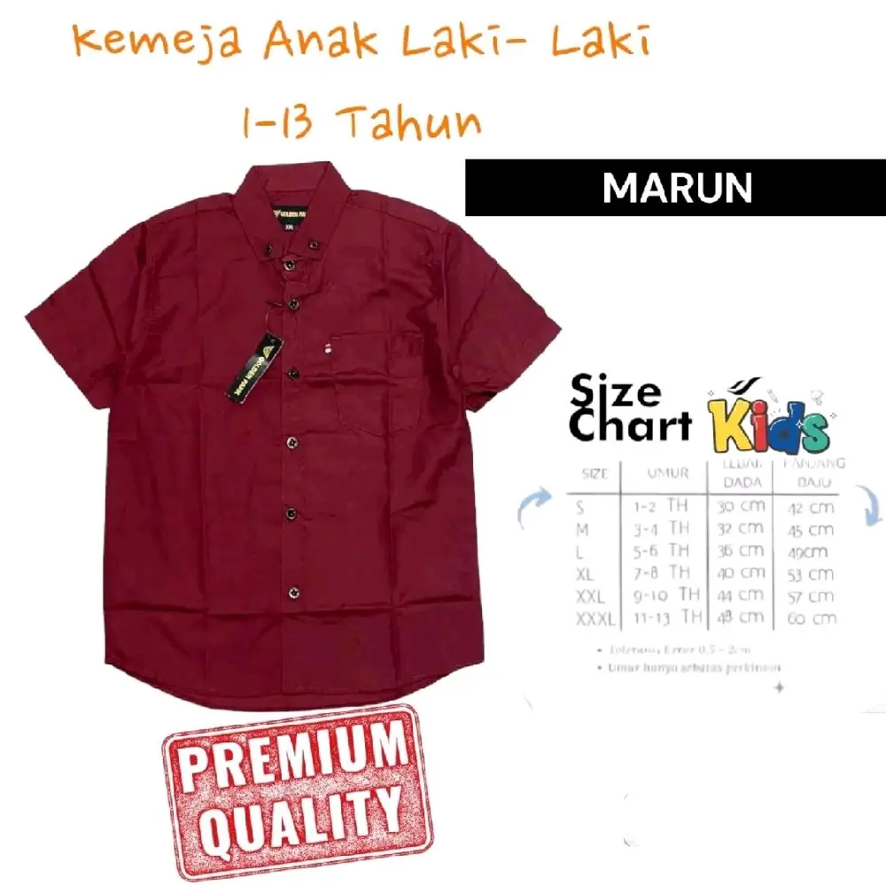 Atasan Anak Laki-Laki Kemeja Anak Tanggung Warna Marun