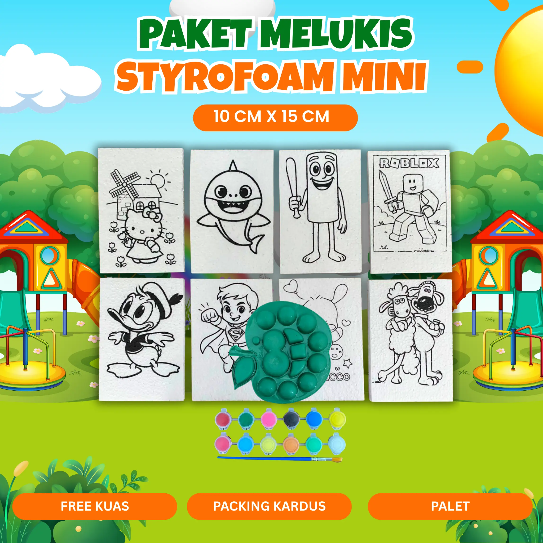 Paket Styrofoam Mini Ukuran 15 cm x 10 cm Lengkap dengan 12 Cat Warna 1 Palet dan 1 Kuas Berbagai Tema isi 5 Pcs/10 Pcs/20 Pcs