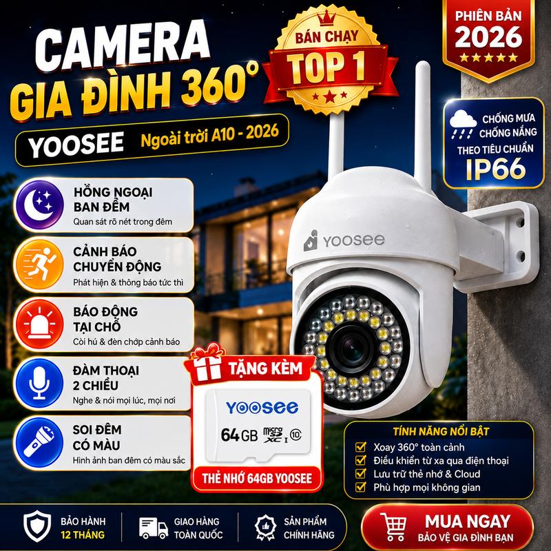 Deal1k COMBO Camera Yoosee + Thẻ Nhớ 64gb , kết nối wfi , đầy đủ tính năng , chống mưa , chống nắng . KTSL