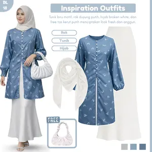 Outfit Wanita Muslimah Kekinian | Tunik Motif, Rok Duyung, Hijab Bella Square, Tas Wanita | BL18