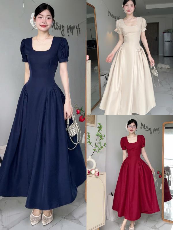 [Đ.25-T] (Có Sẳn)  Đầm Cổ Vuông Dáng Dài Tay Bồng (Khoá Kéo Kín Lưng) Women Top Dress | Tũm Clothing