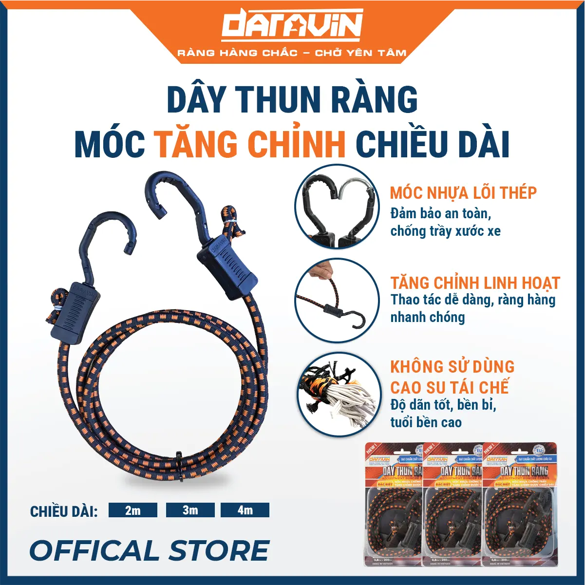 Dây Thun Ràng Tăng Chỉnh DARAVIN Móc Nhựa Lõi Thép Phiên Bản Mới Chịu Tải Lớn