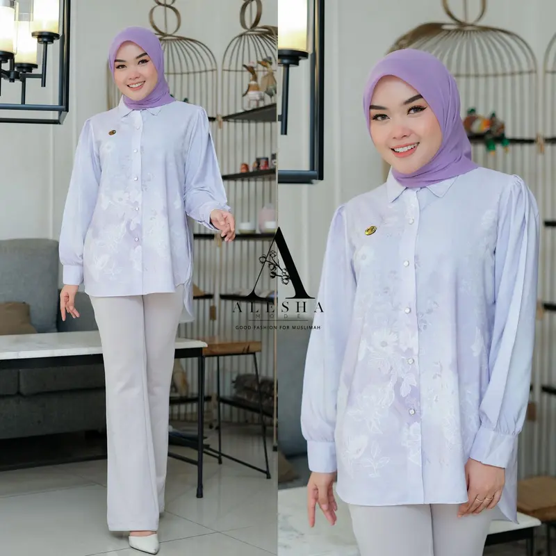 Blouse Tunik Silk Silky Premium Motif Etnik Monogram by Alesha Mode - RANISYA - Lembut, Muslim, Busui 7