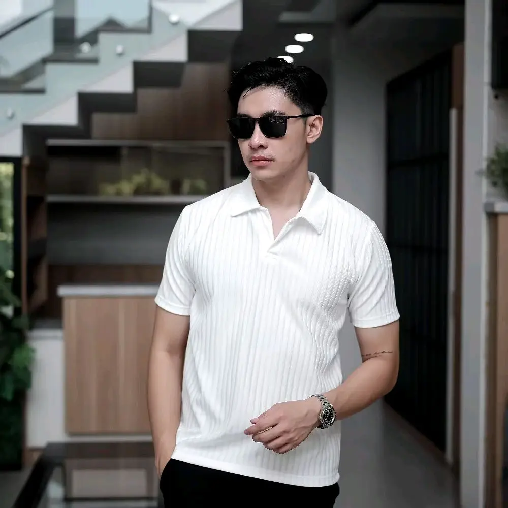 Kaos Polo Knit, Baju Pria New Berkerah Korean Knit, Polo Shirt Atasan Pria Dewasa lengan  Pendek Cowok premium Hitam Keren Casual Putih