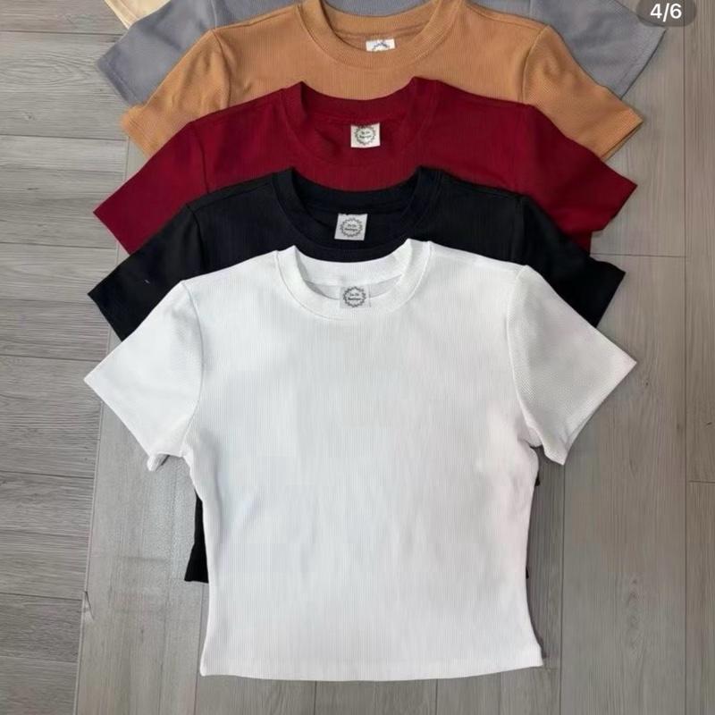 A141 Áo Croptop Ngắn Tay Cổ Tròn - Vải Thun Trơn Dày Co Giãn Thoáng Mát, Ôm…