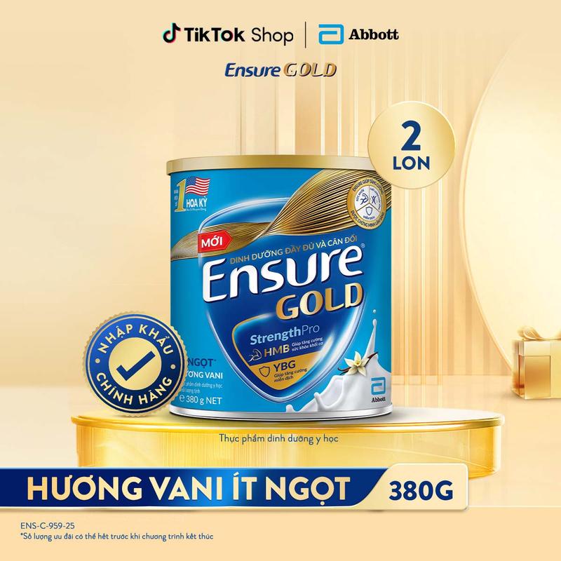  COMBO 2 LON SỮA ENSURE GOLD MỚI CẢI TIẾN DẠNG BỘT HƯƠNG VANI ÍT NGỌT 380G 