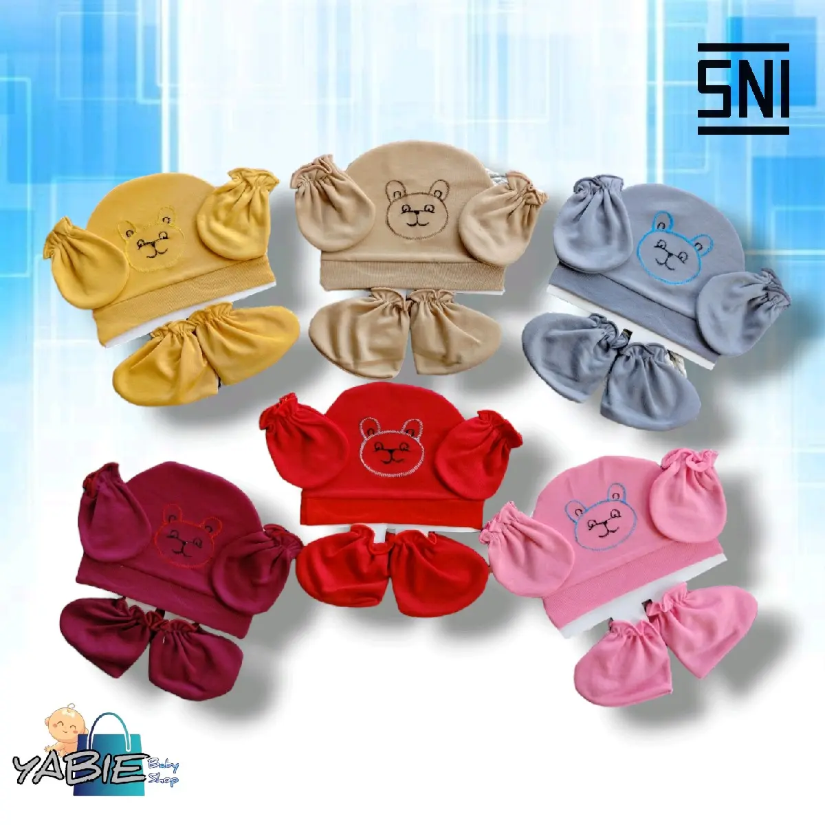 Topi Set 3in1 Topi+sarung tangan & sarung kaki motif polos bordir Arsell SNI Karakter 0-3 Bulan kupluk 9-12 bulan white