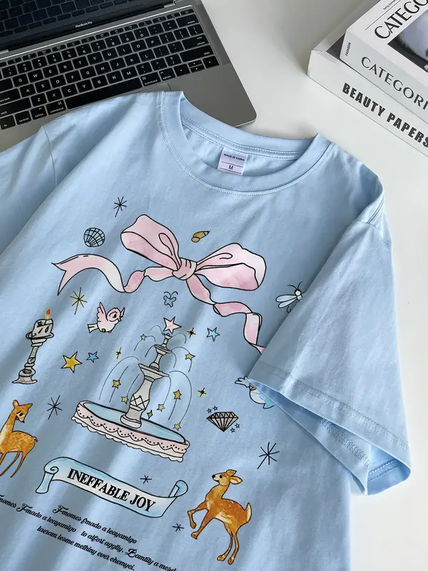 <TMG> T-shirt dicuci kebesaran | Busur yang lucu dan manis | T-shirt katun multi-warna berkualitas tinggi, baju aesthetic lucu kece premium,T-shirt katun oversized wanita dalam kualitas dicuci hitam dan putih  I0219 4