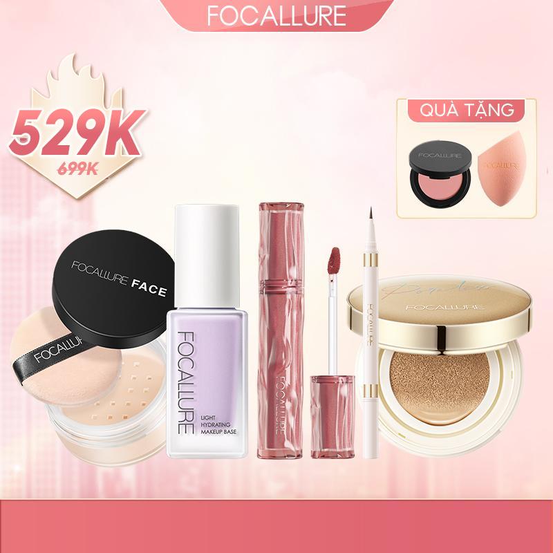 FOCALLURE Kem lót làm sáng da + kem che khuyết điểm + phấn phủ kiểm soát dầu + bút kẻ mắt + bộ trang điểm mặt nhung môi