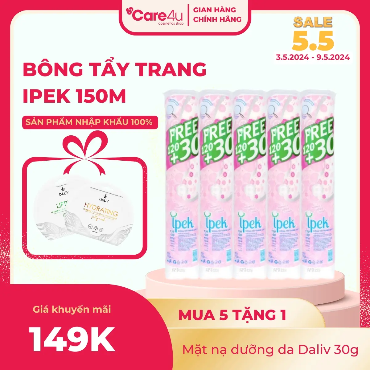 Combo 5 Bông Tẩy Trang IPEK 150 Miếng Skincare