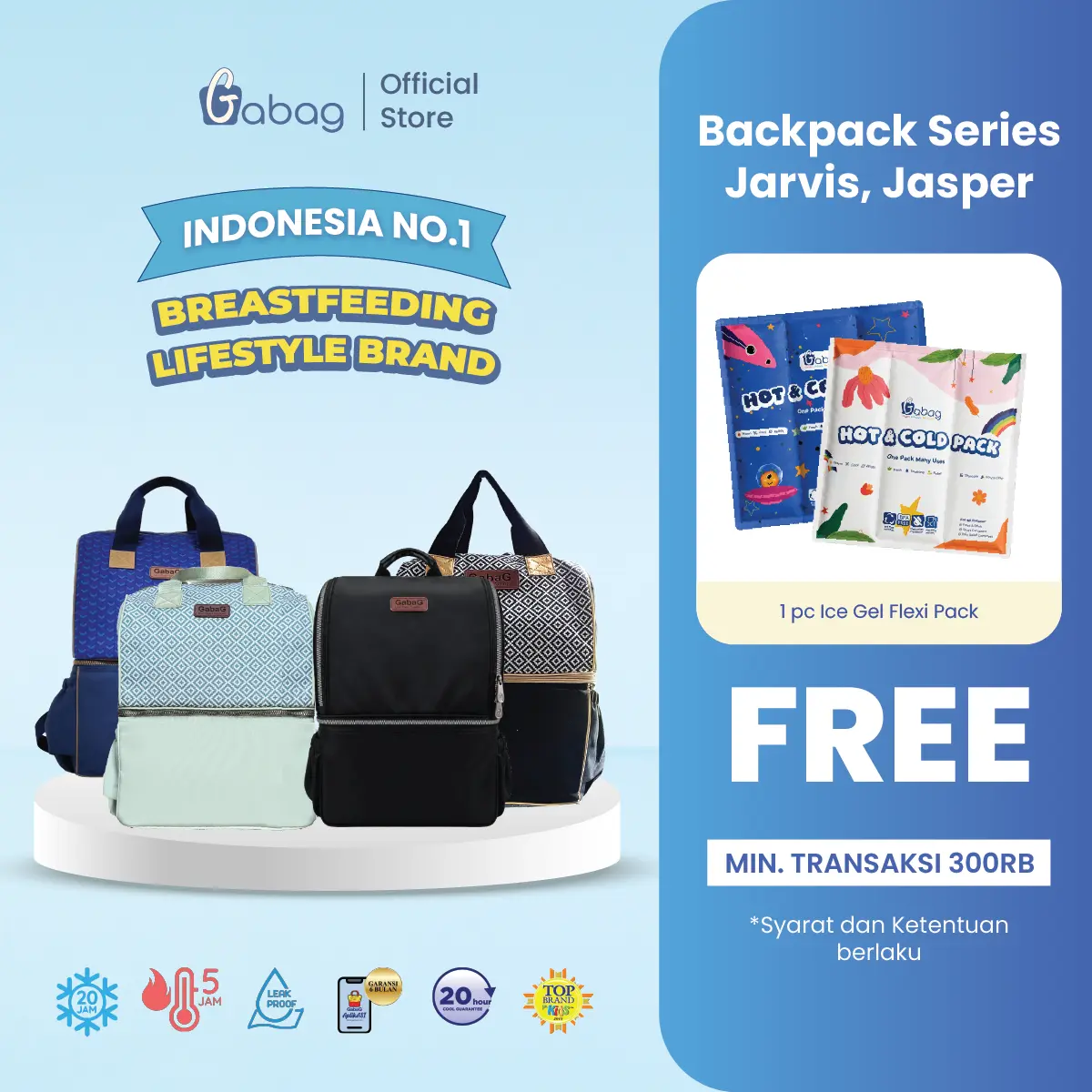 Gabag Tas ASI Ransel Besar, Slot Laptop Pompa ASI, Garansi Dingin Lama-Jarvis Cobalt Jade Jasper