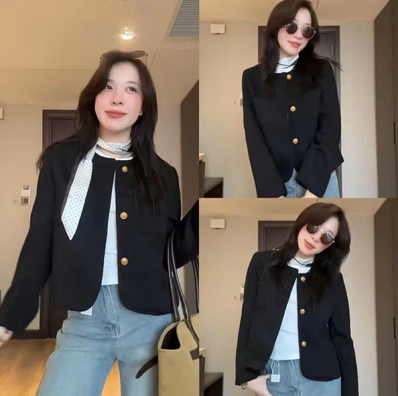 Áo dạ tweed nữ A.777, Áo dạ dáng lửng cổ tròn tay dài tweed nhung dày dặn vạt cong cúc đồng sang chảnh - Shop Chấm Bi